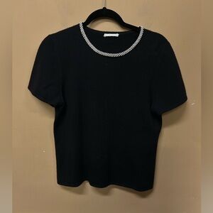 Black 2 Ply Cashmere White Beaded Neckline Short Sleeve Sweater
